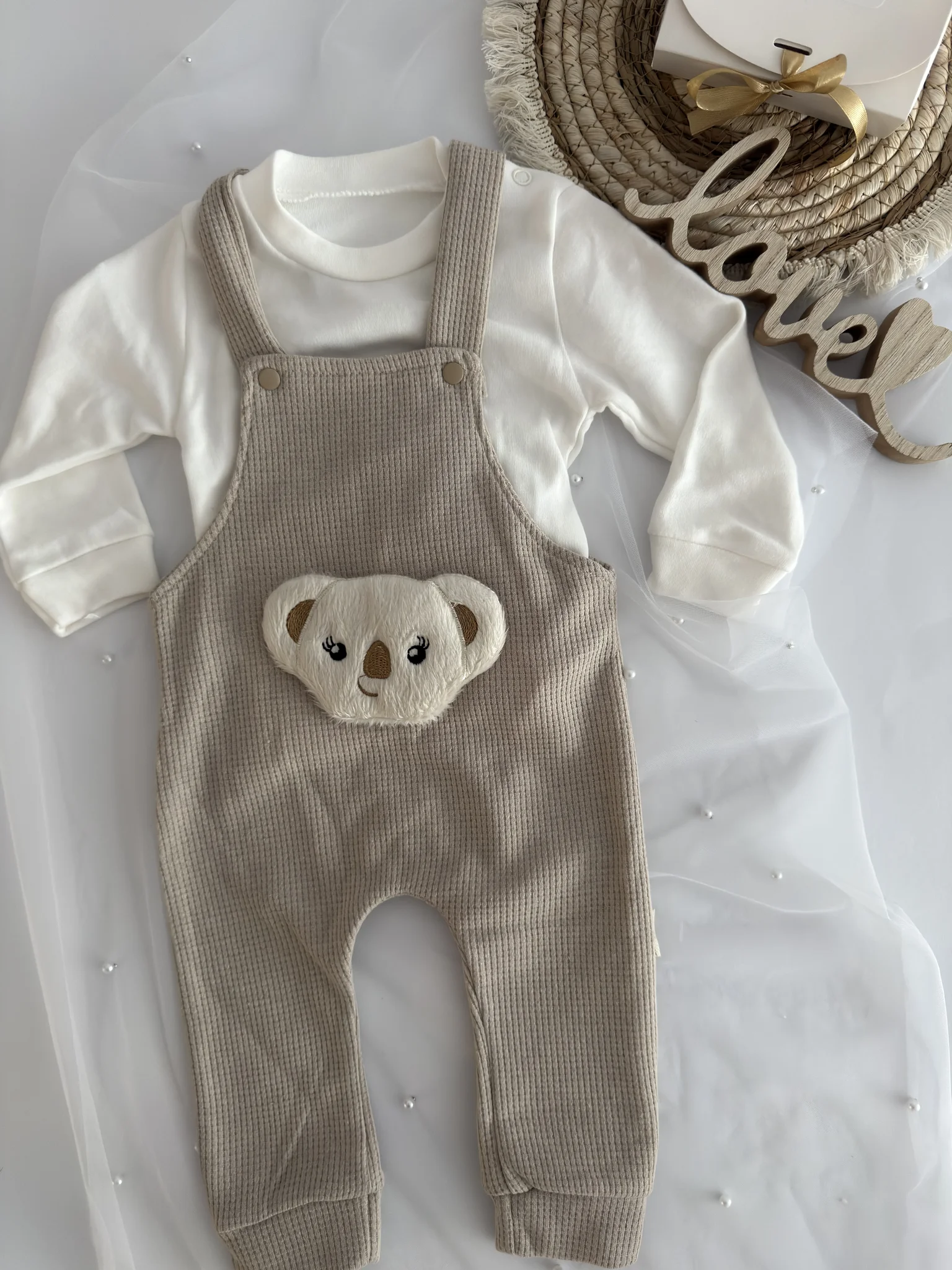 Бебешки комплект 2 части "Cuddly Koala" – Екрю и текстуриран бежов рипс