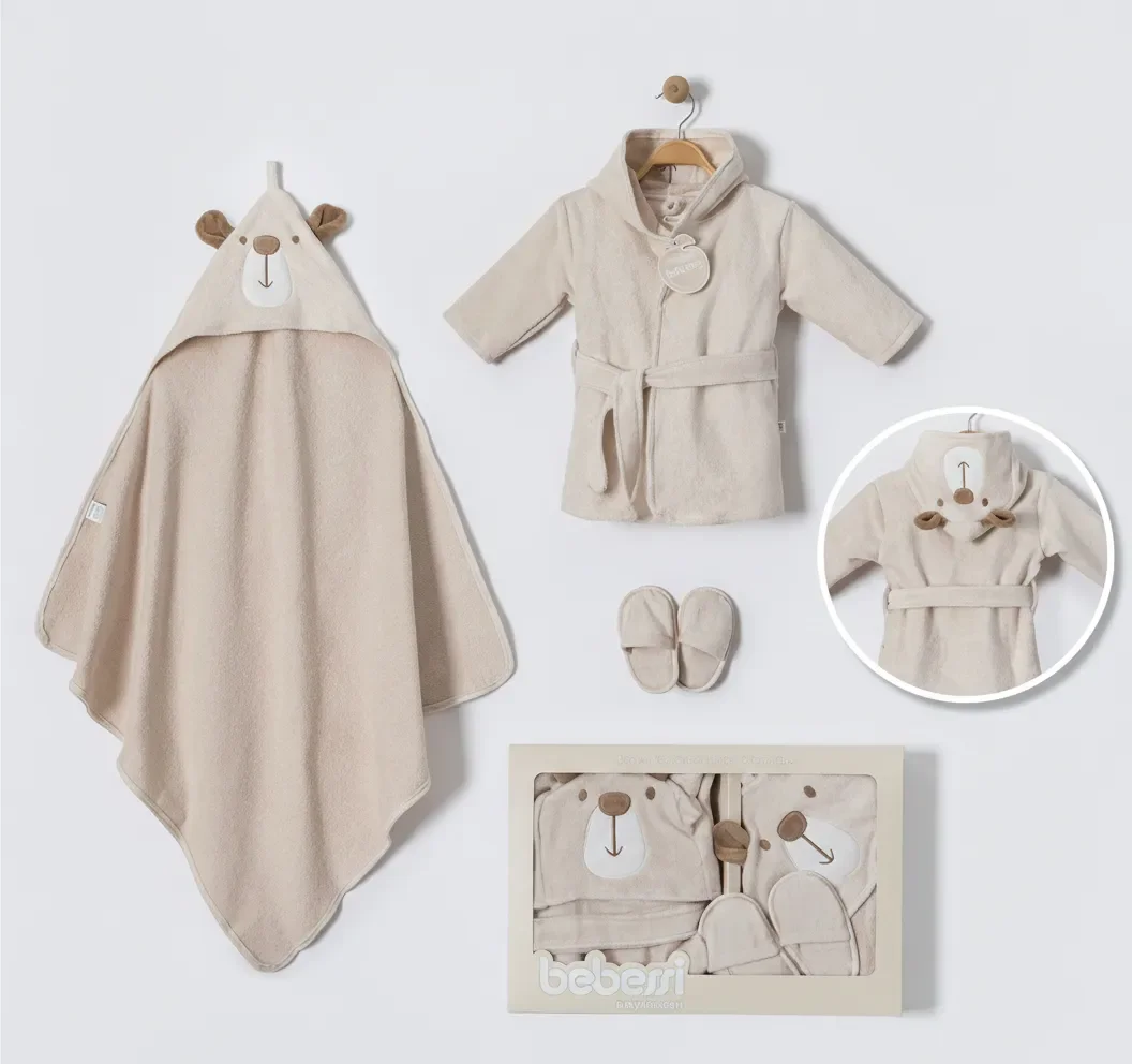 Бебешки подаръчен комплект за баня „Мече“ – Бежов (3 части)