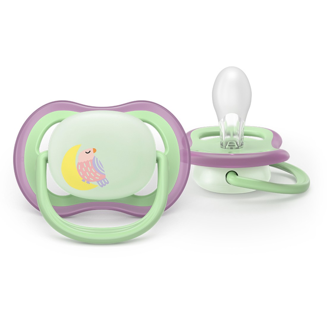 2 броя светещи в тъмното, ортодонтски силиконови залъгалки Philips AVENT SCF376/29 Ultra Air NightTime, 6-18м, с картинки, в кутия за стерилизиране от Philips Avent - изглед 2