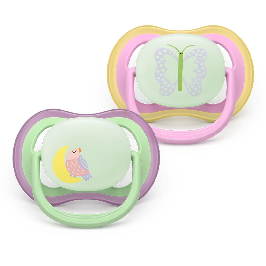 2 броя светещи в тъмното, ортодонтски силиконови залъгалки Philips AVENT SCF376/29 Ultra Air NightTime, 6-18м, с картинки, в кутия за стерилизиране