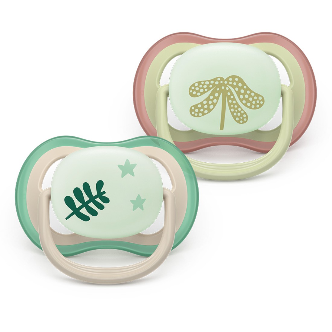 2 броя светещи в тъмното, ортодонтски силиконови залъгалки Philips AVENT SCF376/31 Ultra Air NightTime, 6-18м, с картинки, в кутия за стерилизиране