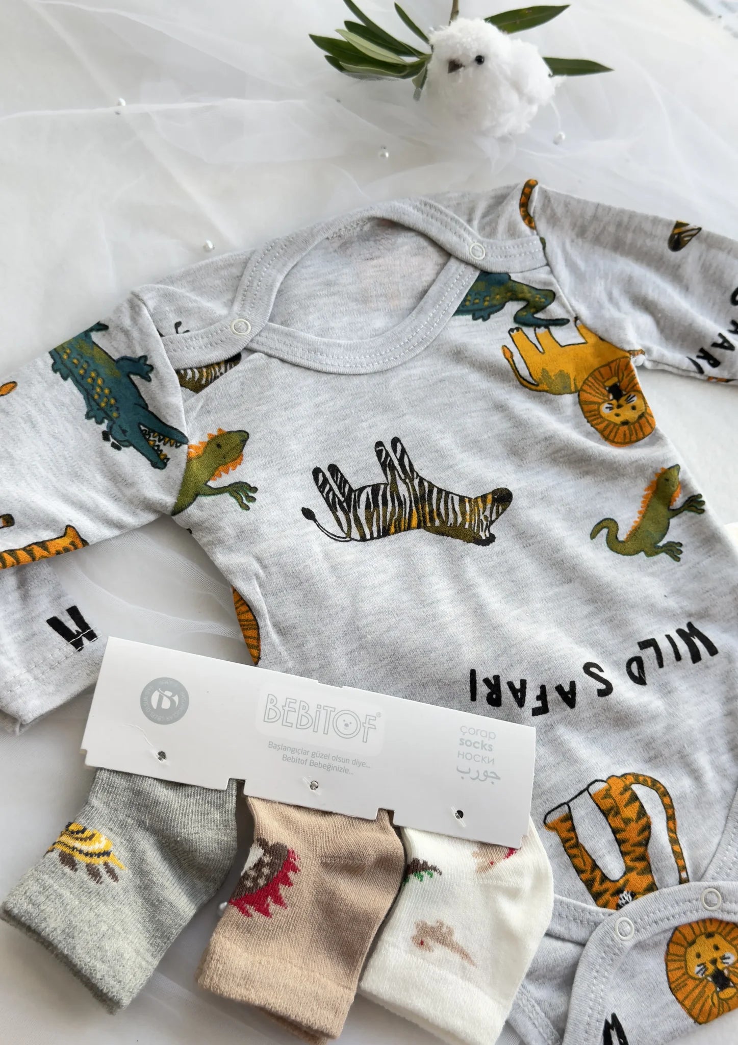 “Wild Safari " – Бебешко сиво боди с дълъг ръкав и щампи на диви животни от BabyPlanet - изглед 2